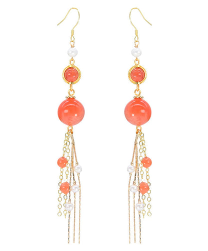 Hermosos aretes colgantes con borlas de perlas de ágata dorada y plata esterlina de color naranja