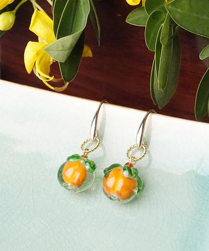 Hermosos aretes colgantes de ágata esmaltada coloreada y dorada en plata esterlina naranja