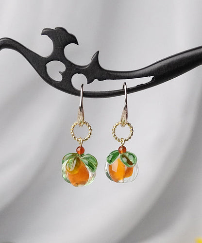 Hermosos aretes colgantes de ágata esmaltada coloreada y dorada en plata esterlina naranja