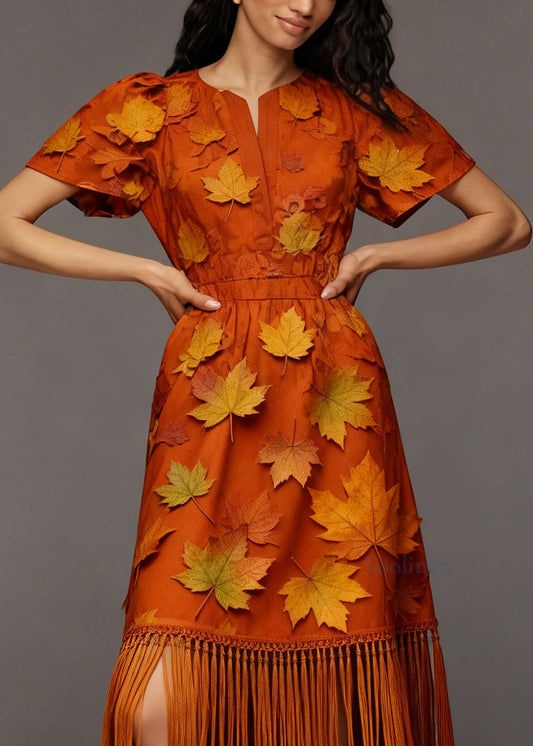 Beautiful Orange Tasseled Patchwork Cotton Maxi Dress Summer