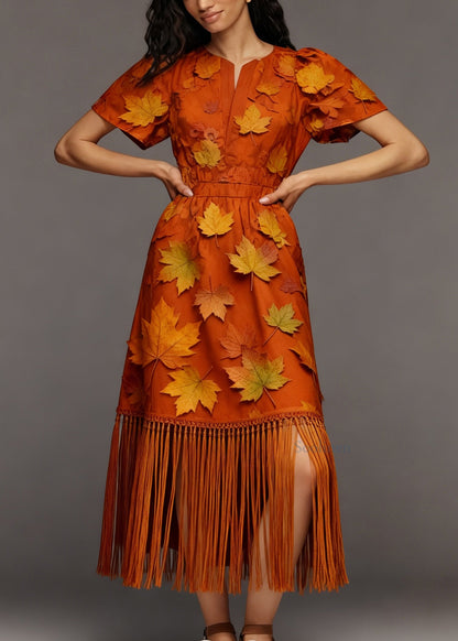 Beautiful Orange Tasseled Patchwork Cotton Maxi Dress Summer