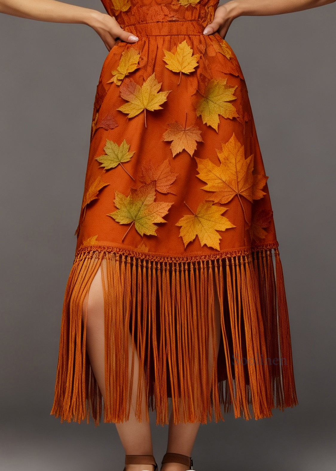 Beautiful Orange Tasseled Patchwork Cotton Maxi Dress Summer