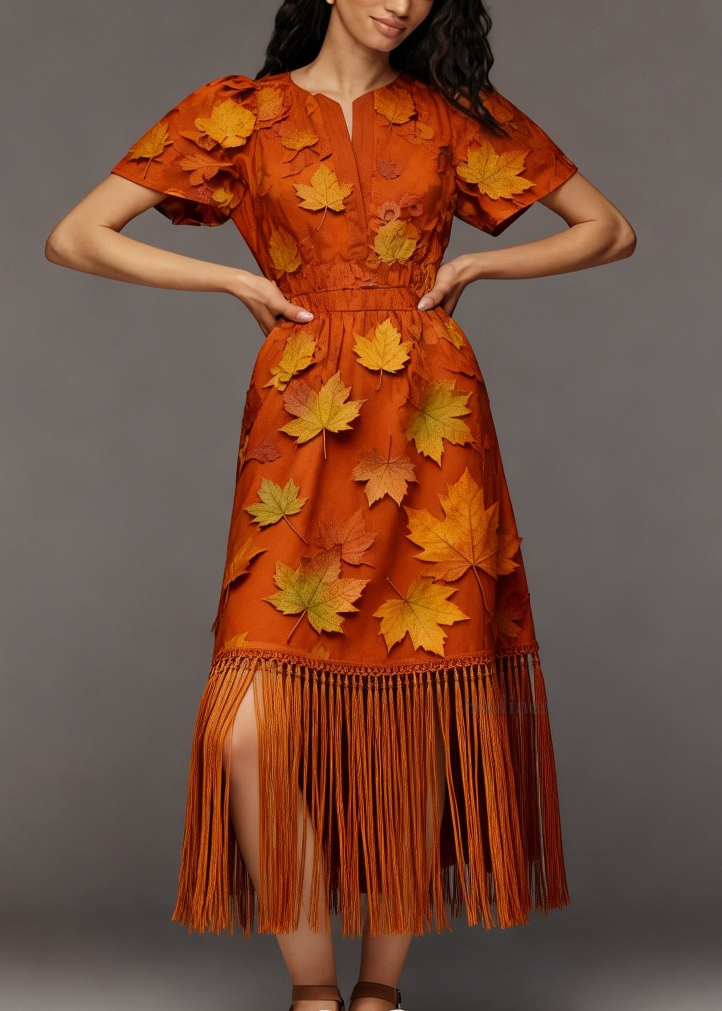 Beautiful Orange Tasseled Patchwork Cotton Maxi Dress Summer