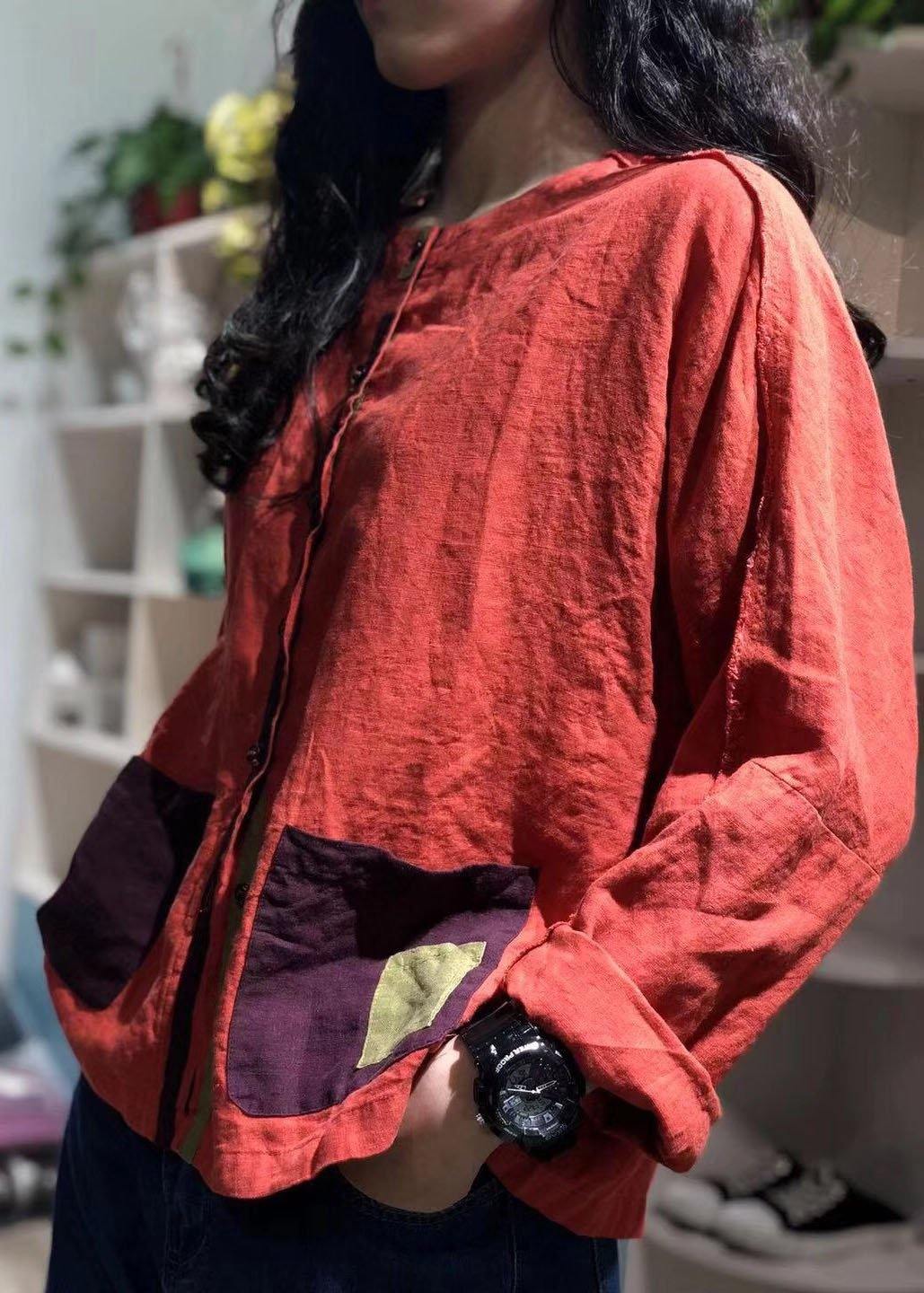 Beautiful Patch pockets linen shirts Tunic Tops black top fall - SooLinen