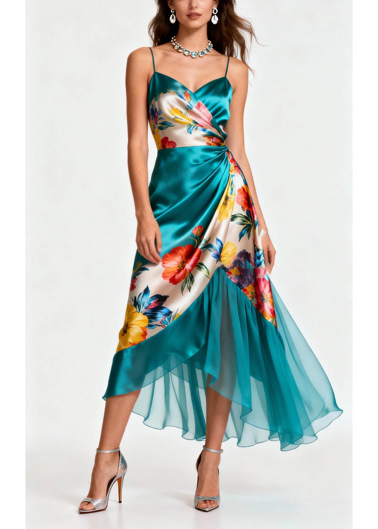 Beautiful Peacock Green Asymmetrical Patchwork Tulle Silk Cami Dress Summer