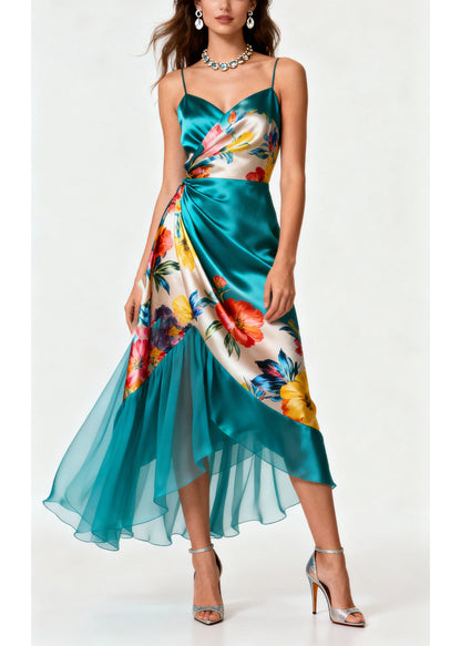 Beautiful Peacock Green Asymmetrical Patchwork Tulle Silk Cami Dress Summer