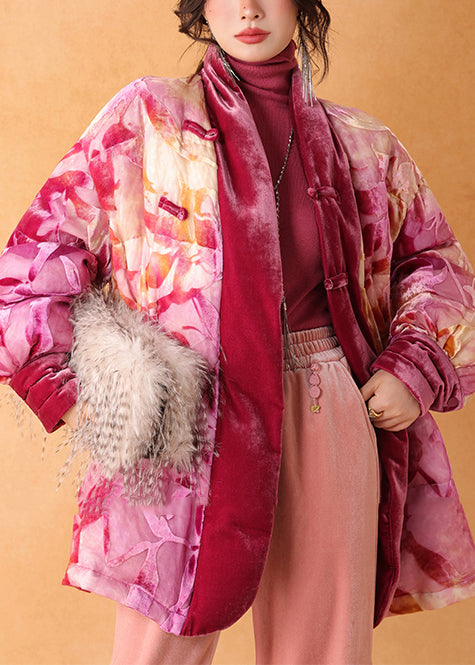 Beautiful Pink Cinched Print Duck Down Silk Velour Coat Winter