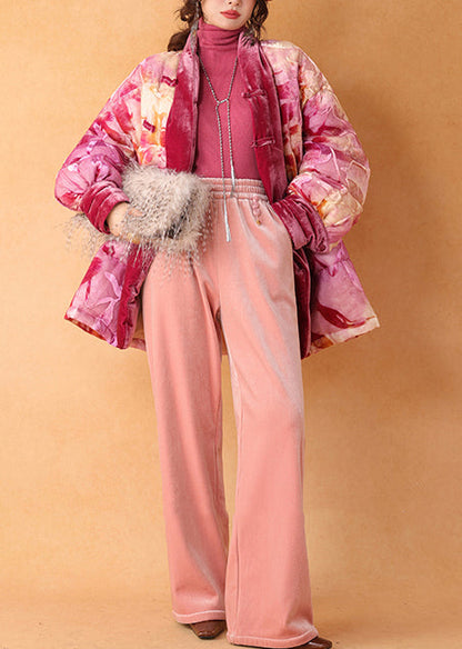 Beautiful Pink Cinched Print Duck Down Silk Velour Coat Winter