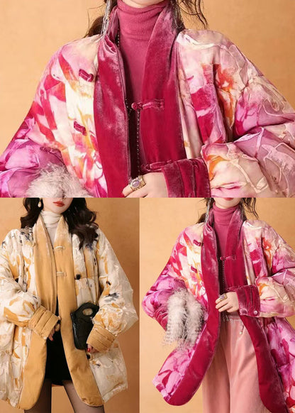Beautiful Pink Cinched Print Duck Down Silk Velour Coat Winter