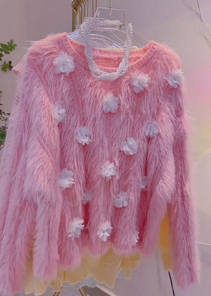 Beautiful Pink Floral Mink Velvet Knit Sweater Tops Winter