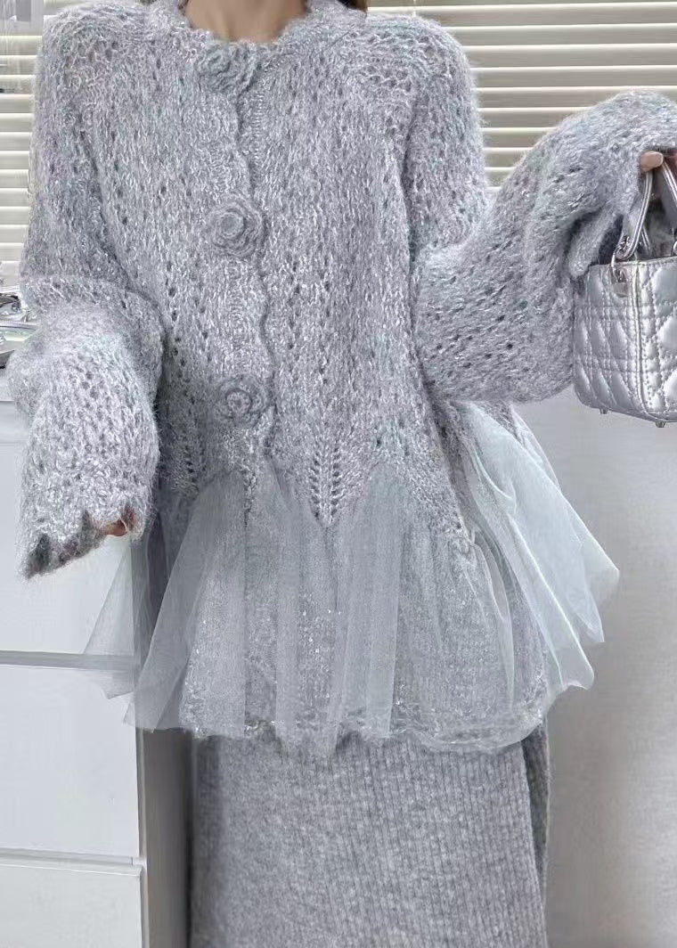 Beautiful Pink Flower Patchwork Tulle Knit Cardigans Winter