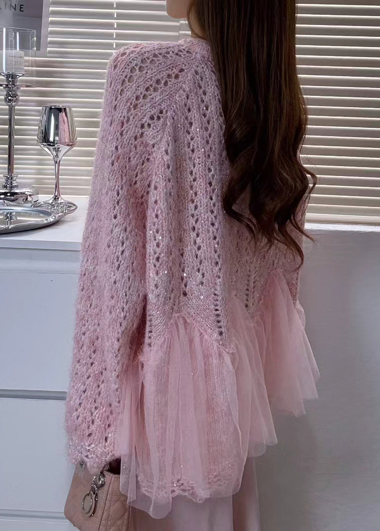 Beautiful Pink Flower Patchwork Tulle Knit Cardigans Winter