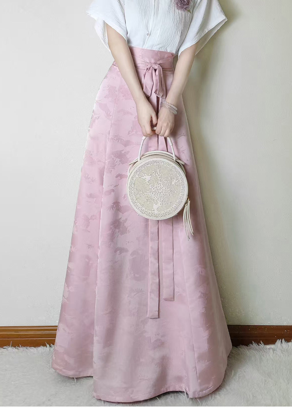 Beautiful Pink Jacquard Flower Decorated Silk Skirts Fall