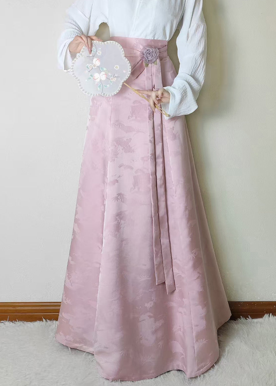 Beautiful Pink Jacquard Flower Decorated Silk Skirts Fall