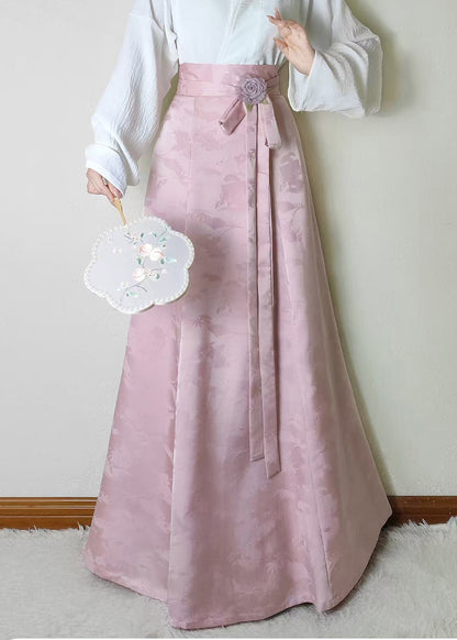 Beautiful Pink Jacquard Flower Decorated Silk Skirts Fall