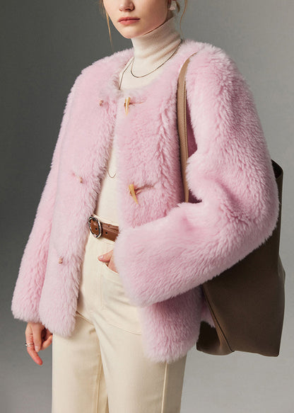 Hermosos abrigos de lana lisa con botones y cuello redondo en color rosa para invierno.