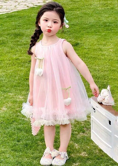 Beautiful Pink O-Neck Floral Tulle Girls Long Dresses Summer