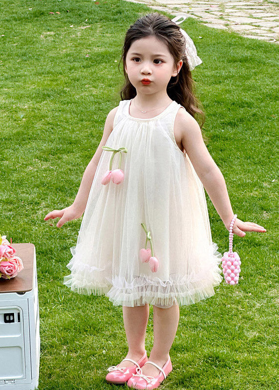 Beautiful Pink O-Neck Floral Tulle Girls Long Dresses Summer