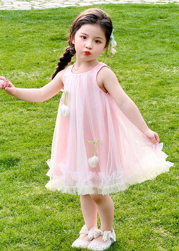 Beautiful Pink O-Neck Floral Tulle Girls Long Dresses Summer