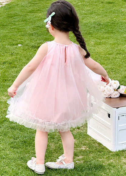 Beautiful Pink O-Neck Floral Tulle Girls Long Dresses Summer