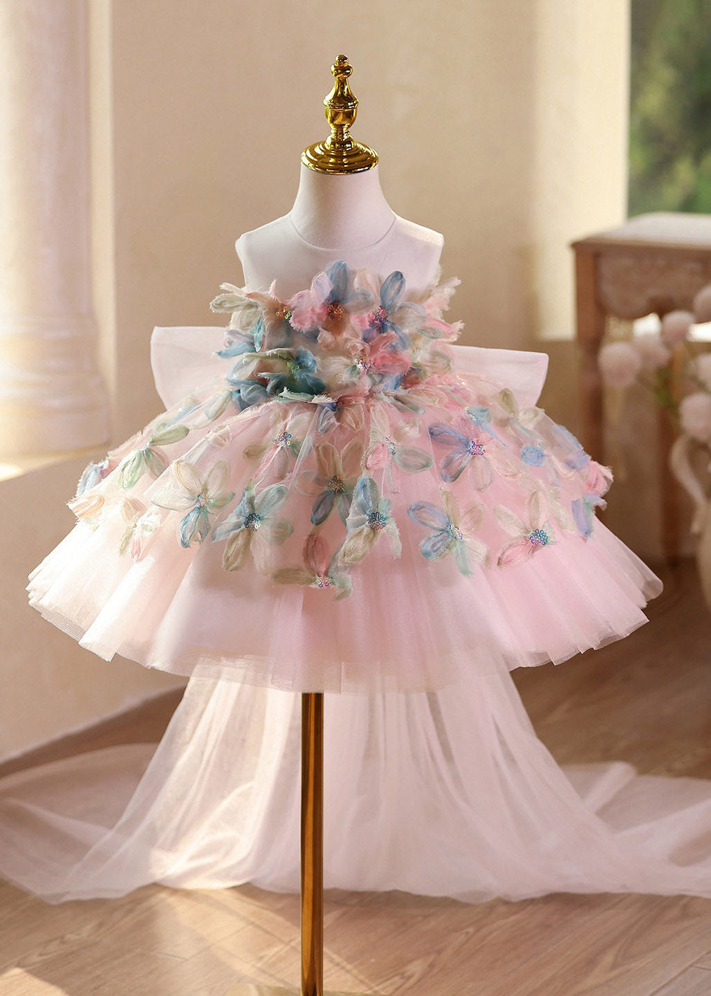 Beautiful Pink O-Neck Floral Tulle Kids Long Dresses Summer