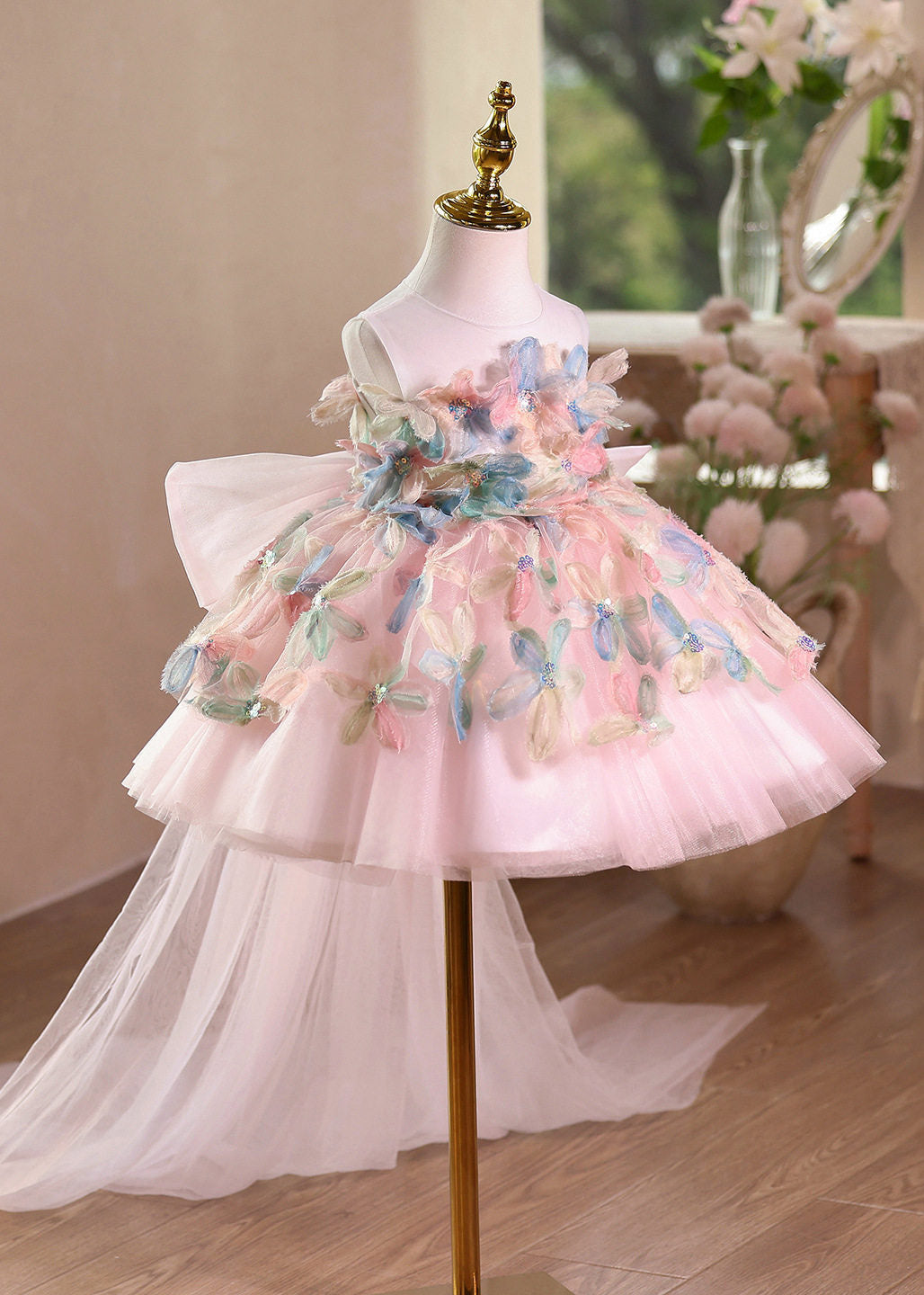 Beautiful Pink O-Neck Floral Tulle Kids Long Dresses Summer