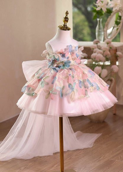 Beautiful Pink O-Neck Floral Tulle Kids Long Dresses Summer