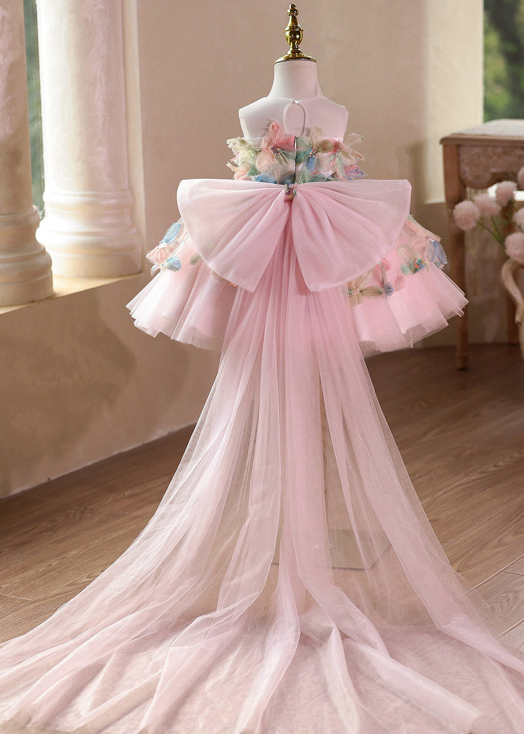 Beautiful Pink O-Neck Floral Tulle Kids Long Dresses Summer