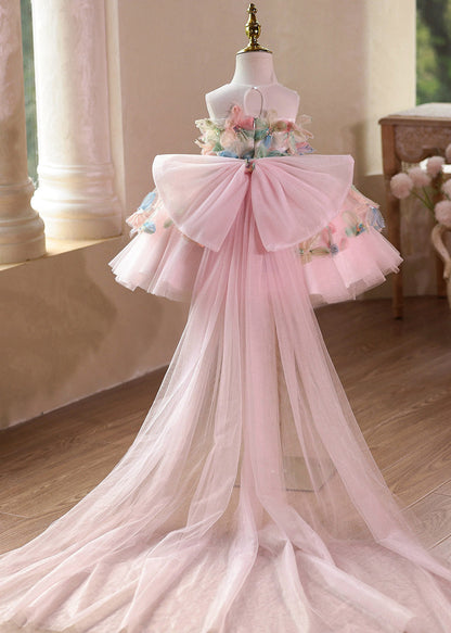 Beautiful Pink O-Neck Floral Tulle Kids Long Dresses Summer