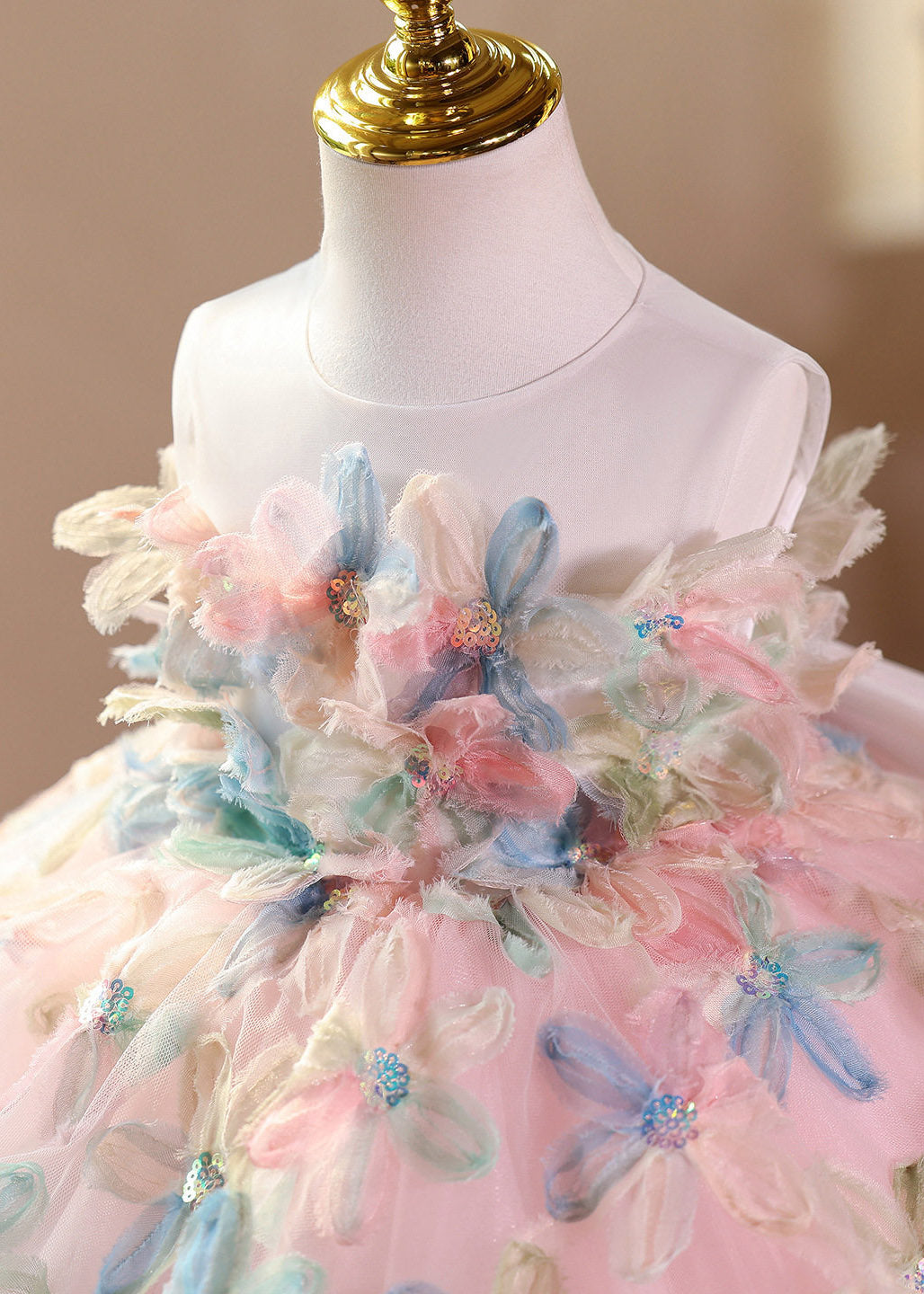 Beautiful Pink O-Neck Floral Tulle Kids Long Dresses Summer