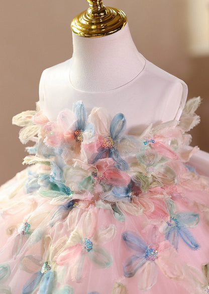 Beautiful Pink O-Neck Floral Tulle Kids Long Dresses Summer