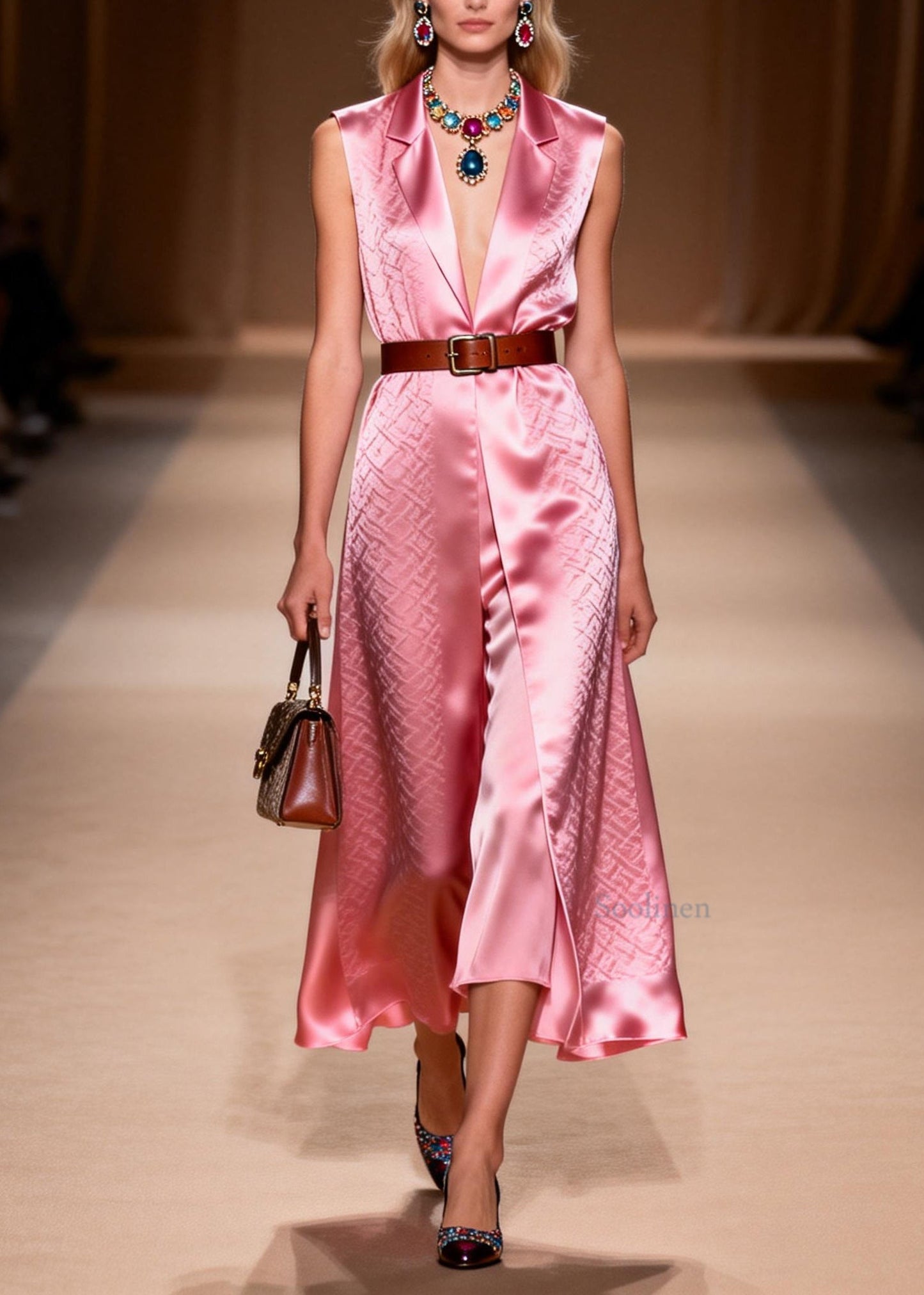 Beautiful Pink Peter Pan Collar Silk Holiday Dress Sleeveless