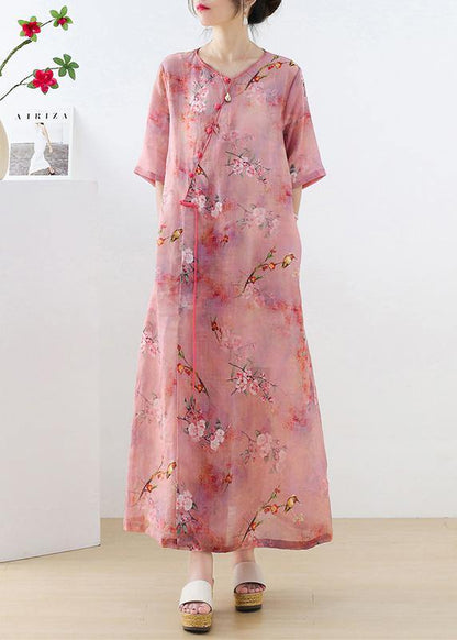 Beautiful Pink Print Oriental asymmetrical Design Summer Ramie Long Dresses - SooLinen