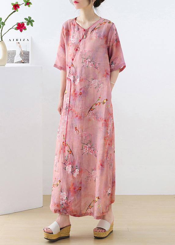 Beautiful Pink Print Oriental asymmetrical Design Summer Ramie Long Dresses - SooLinen
