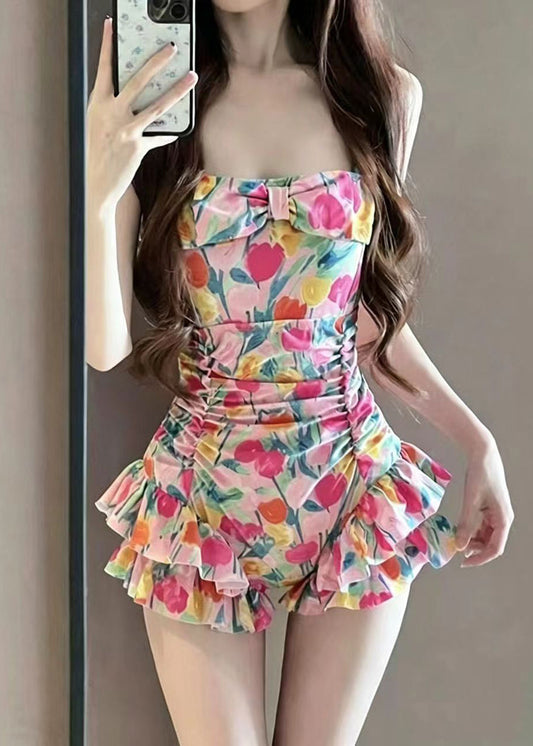Beautiful Pink Print Ruffled Swimwear Bodysuits