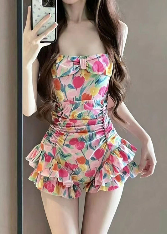 Beautiful Pink Print Ruffled Swimwear Bodysuits