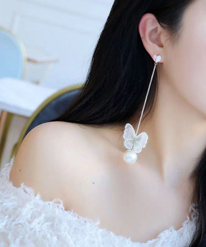 Hermosos aretes colgantes de mariposa con perla de amor en plata de ley rosa