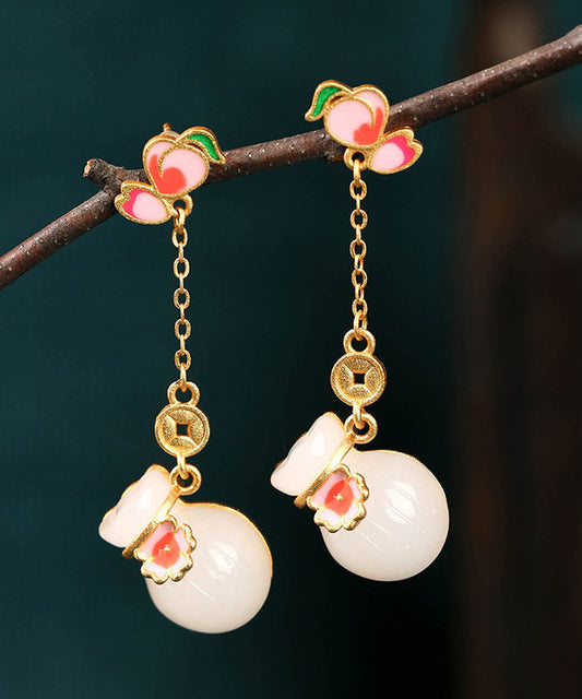 Hermosos aretes colgantes con forma de bolsa de dinero en plata de ley rosa con esmalte de jade dorado
