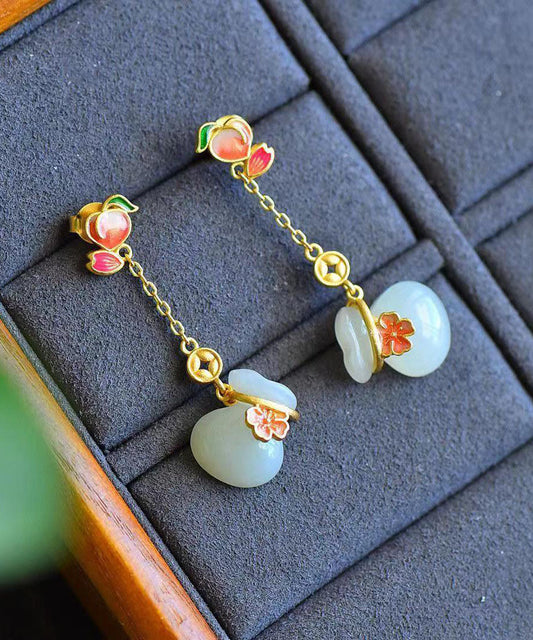 Hermosos aretes colgantes con forma de bolsa de dinero en plata de ley rosa con esmalte de jade dorado