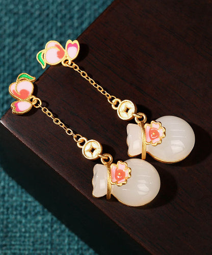 Wunderschöne rosa Sterling Silber Overgilt Jade Emaille Geldbeutel Tropfen Ohrringe