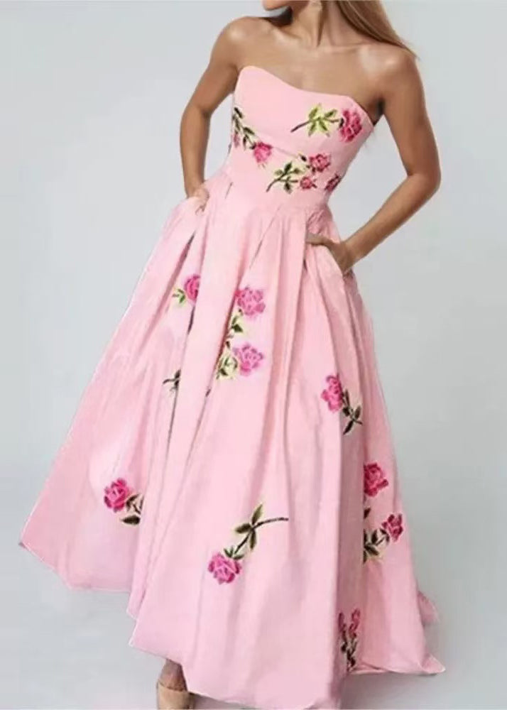Beautiful Pink Strapless Print Cotton Long Dresses Summer