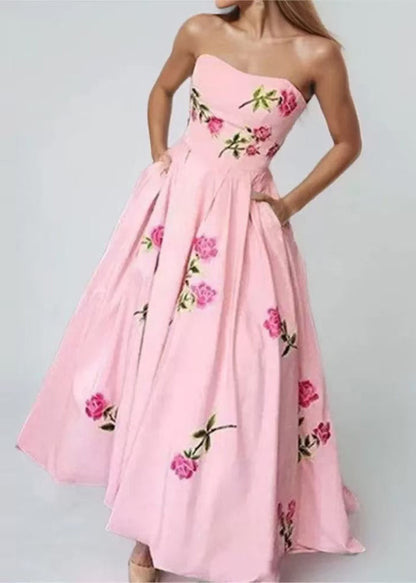 Beautiful Pink Strapless Print Cotton Long Dresses Summer