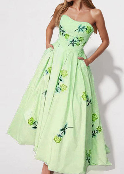 Beautiful Pink Strapless Print Cotton Long Dresses Summer
