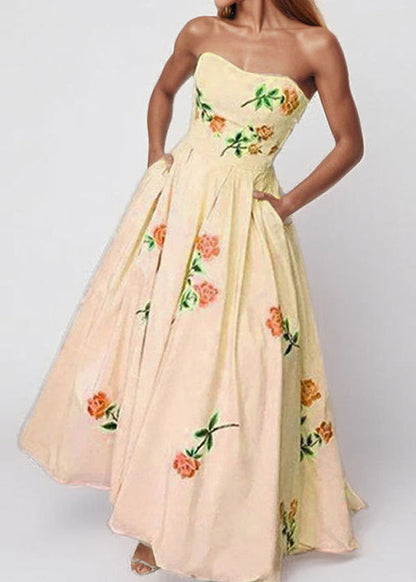 Beautiful Pink Strapless Print Cotton Long Dresses Summer