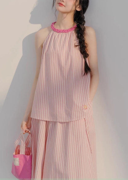 Schöne Rosa Gestreiften Tops Und Crop Hosen Baumwolle Zwei Stück Set Ärmelloses