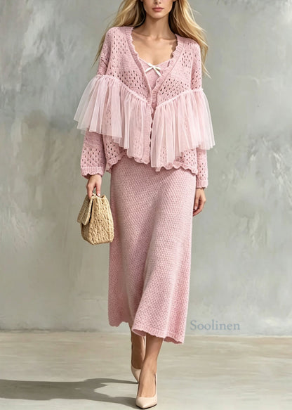 Beautiful Pink Tulle Patchwork Knit Women Sets 2 Pieces Fall