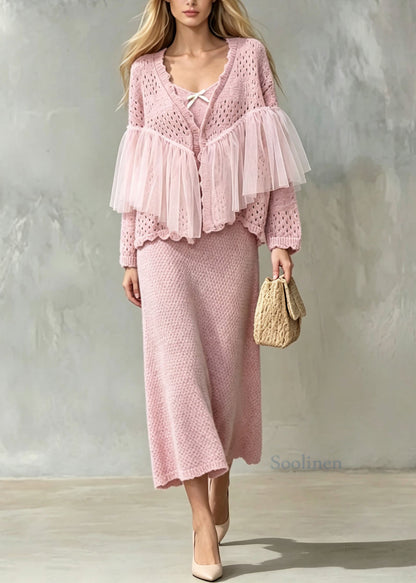 Beautiful Pink Tulle Patchwork Knit Women Sets 2 Pieces Fall