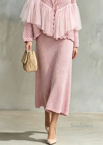 Beautiful Pink Tulle Patchwork Knit Women Sets 2 Pieces Fall