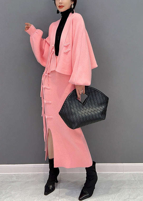 Schöne Rosa V-Ausschnitt Knopf Wolltop Und Maxiröcke Zweiteiliges Set Winter