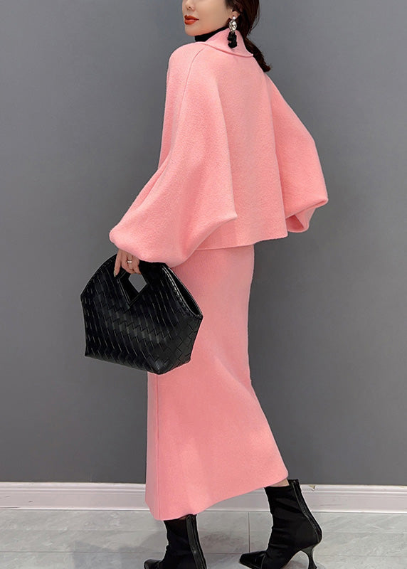 Schöne Rosa V-Ausschnitt Knopf Wolltop Und Maxiröcke Zweiteiliges Set Winter